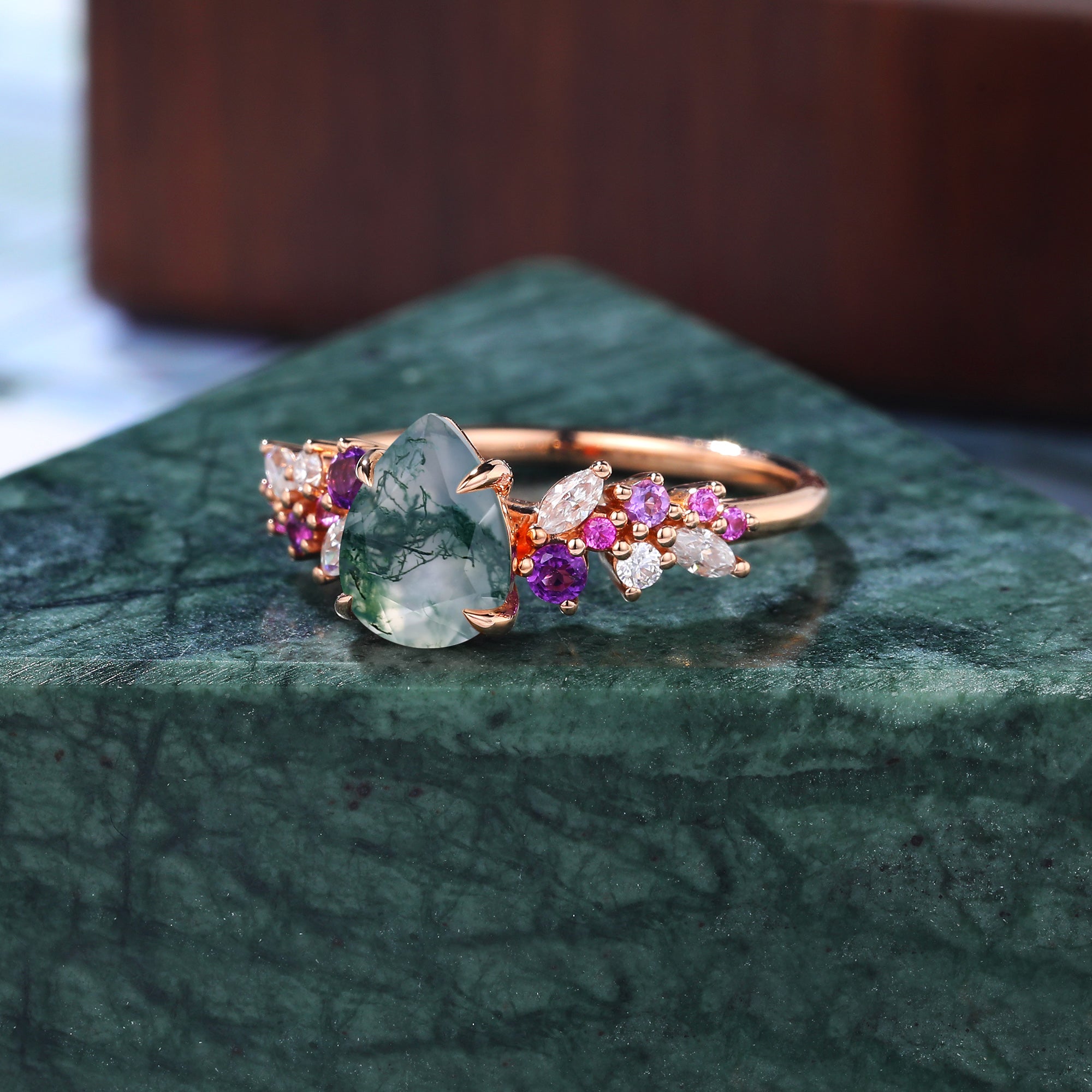 Pear shape Moss agate engagement ring 925silver/10k/14k/18k gold , unique Amethyst pink Sapphire moissanite ring