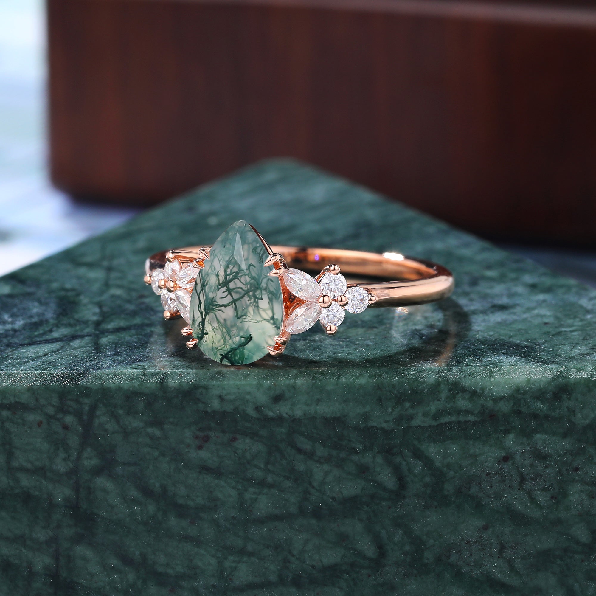 Pear shape Moss agate rose gold engagement ring S925/10k/14k/18k gold , unique bridal ring rose/white/yellow gold