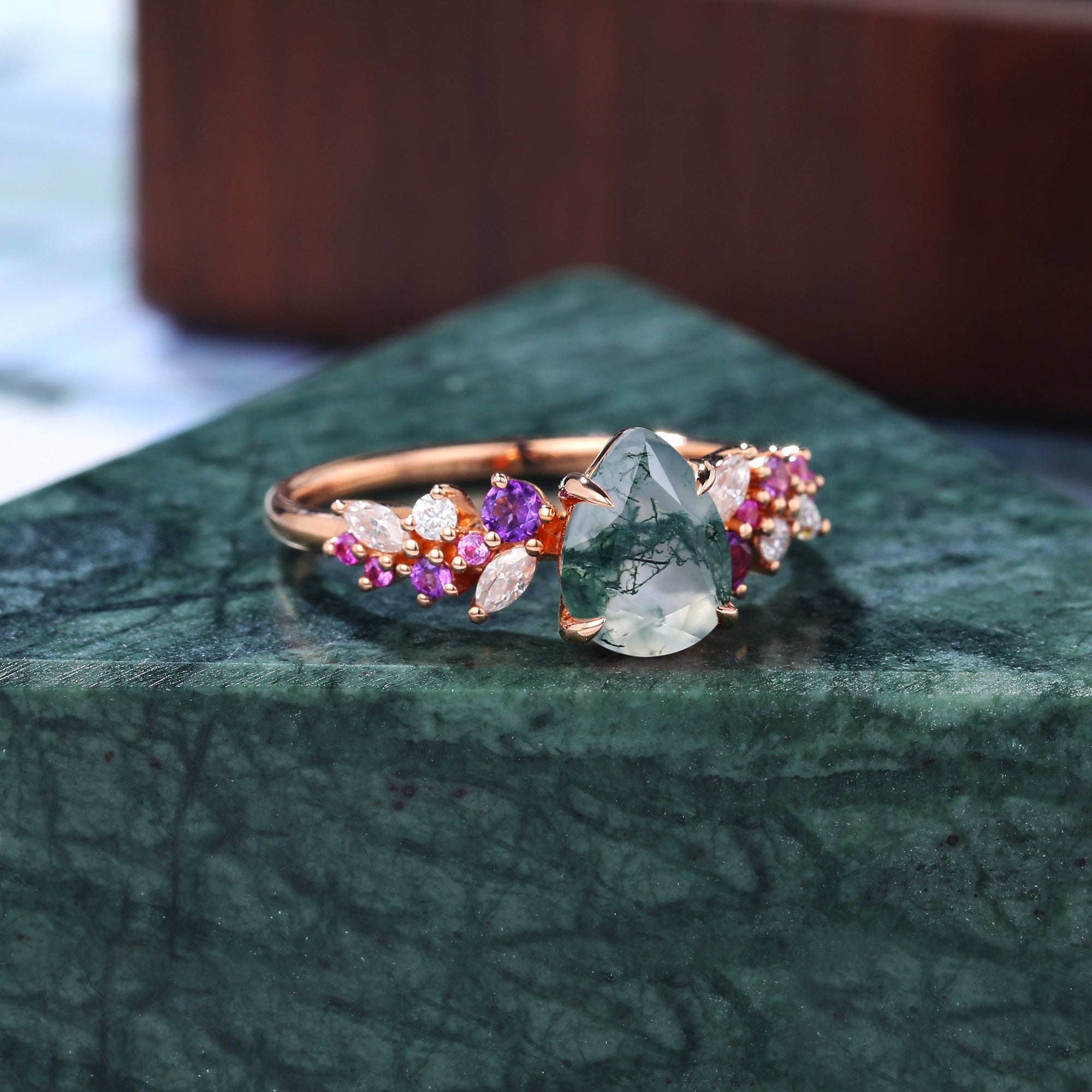 Pear shape Moss agate engagement ring 925silver/10k/14k/18k gold , unique Amethyst pink Sapphire moissanite ring