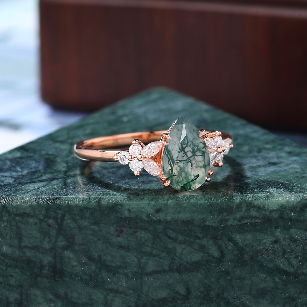 Pear shape Moss agate rose gold engagement ring S925/10k/14k/18k gold , unique bridal ring rose/white/yellow gold