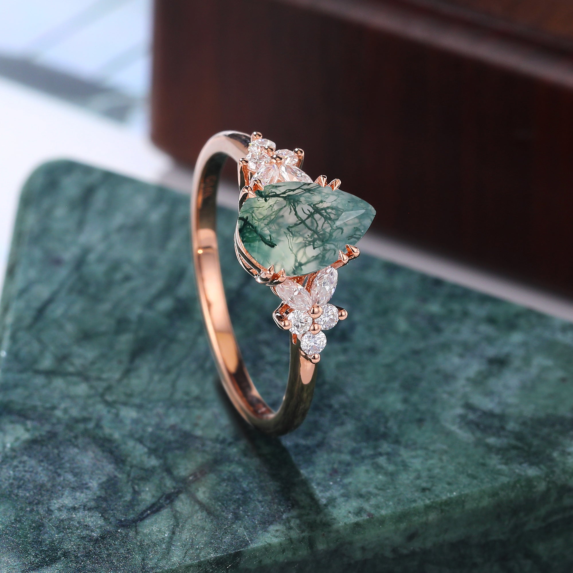 Pear shape Moss agate rose gold engagement ring S925/10k/14k/18k gold , unique bridal ring rose/white/yellow gold