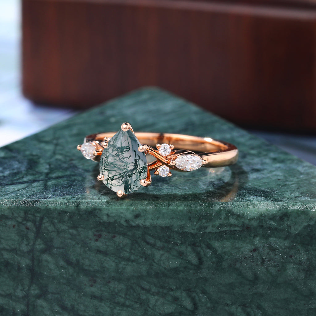 Pear shape Moss agate engagement ring S925/10k/14k/18k gold. unique bridal ring rose/white/yellow gold