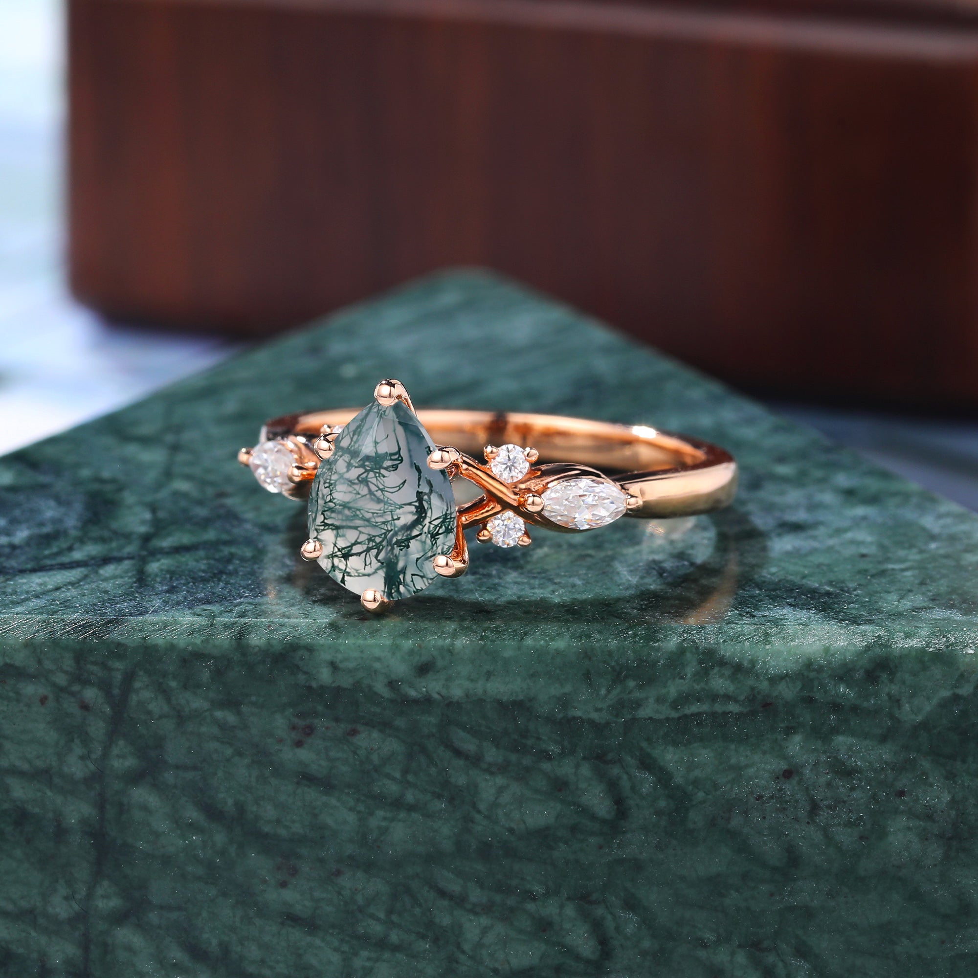 Pear shape Moss agate engagement ring S925/10k/14k/18k gold. unique bridal ring rose/white/yellow gold