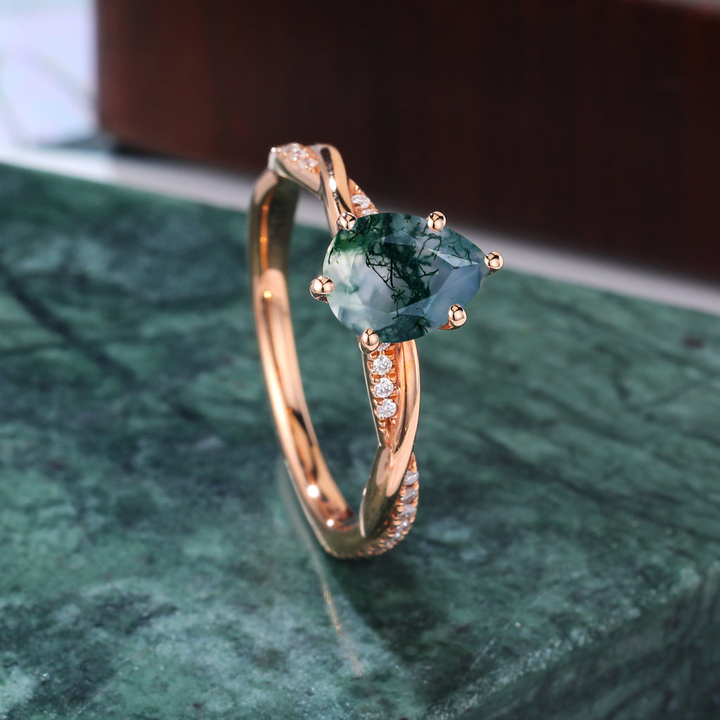 Pear shape Moss agate rose gold engagement ring S925/10k/14k/18k gold