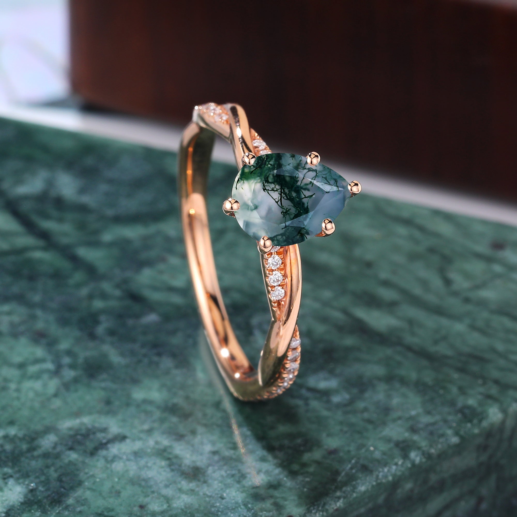 Pear shape Moss agate rose gold engagement ring S925/10k/14k/18k gold
