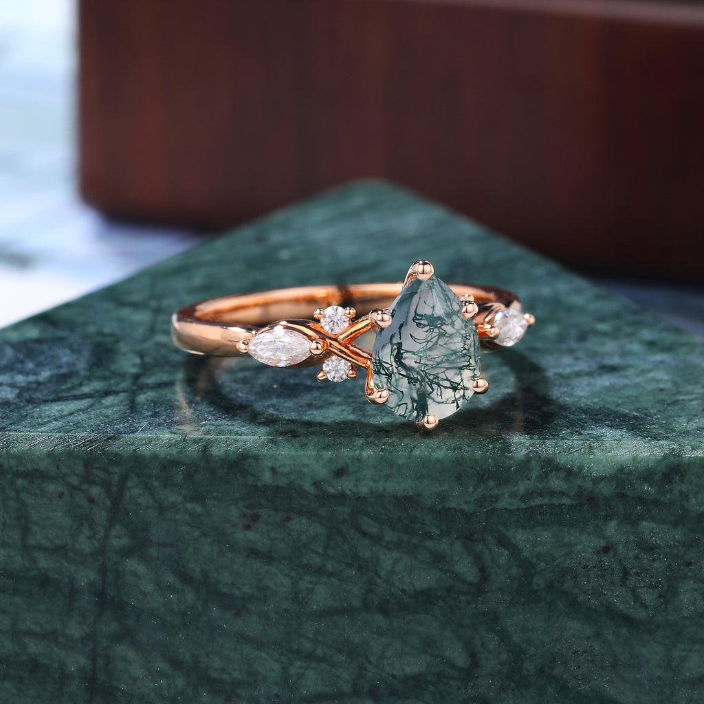 Pear shape Moss agate engagement ring S925/10k/14k/18k gold. unique bridal ring rose/white/yellow gold