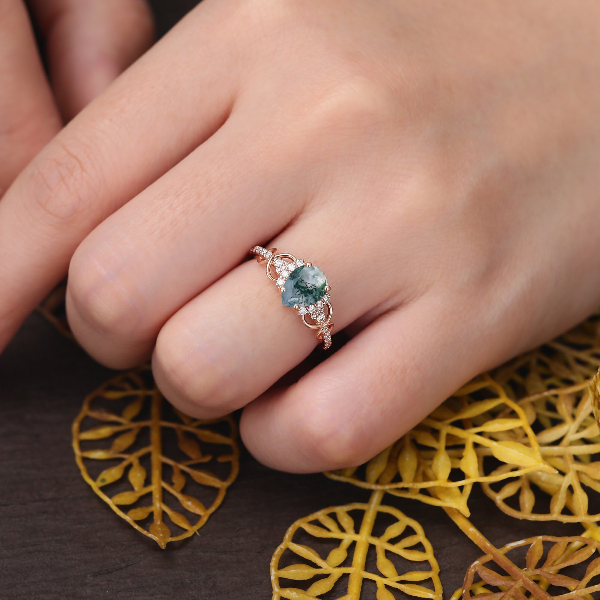 Pear shape Moss agate Rose gold engagement ring S925/10k/14k/18k gold ring, unique bridal ring rose/white gold
