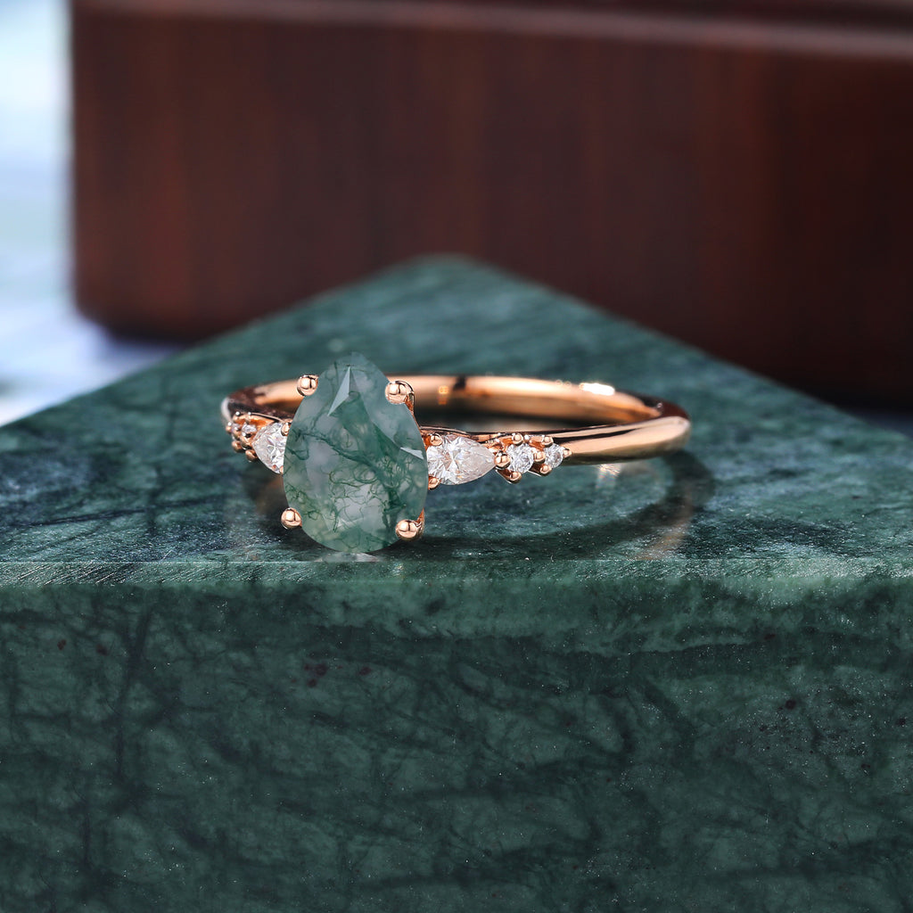 Pear shape Moss agate rose gold engagement ring S925/10k/14k/18k , unique bridal ring rose/white gold