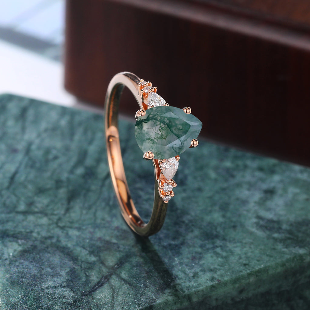 Pear shape Moss agate rose gold engagement ring S925/10k/14k/18k , unique bridal ring rose/white gold