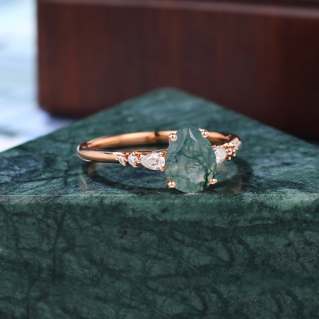 Pear shape Moss agate rose gold engagement ring S925/10k/14k/18k , unique bridal ring rose/white gold