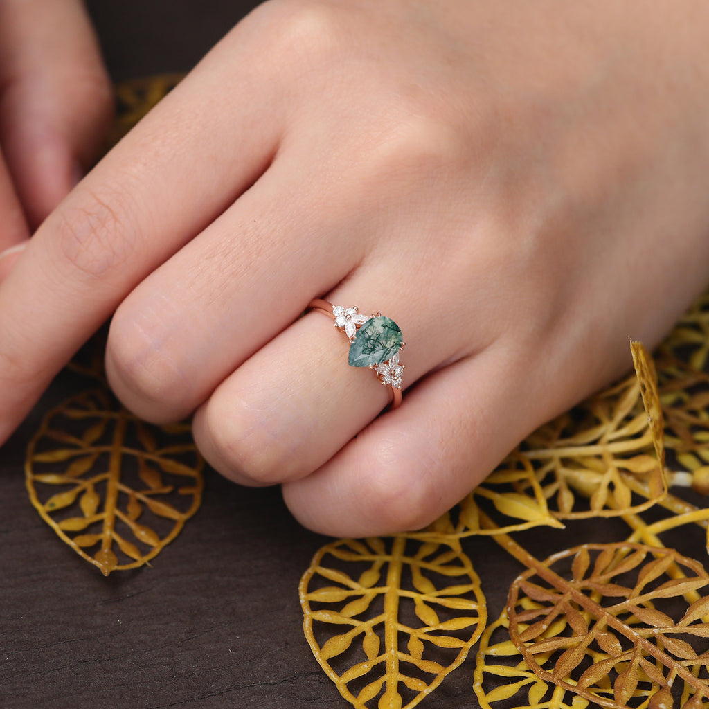 Pear shape Moss agate rose gold engagement ring S925/10k/14k/18k gold , unique bridal ring rose/white/yellow gold
