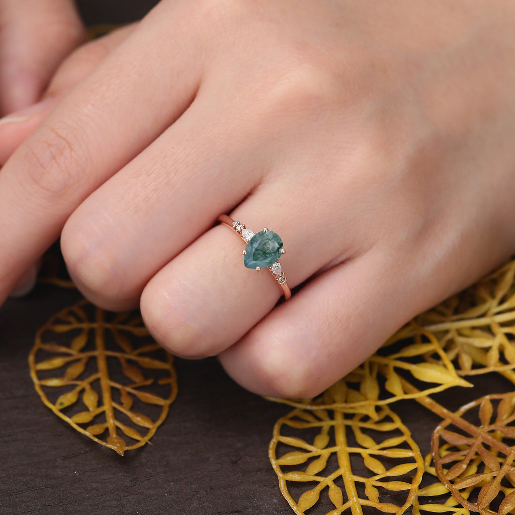 Pear shape Moss agate rose gold engagement ring S925/10k/14k/18k , unique bridal ring rose/white gold