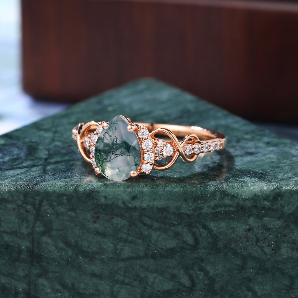 Pear shape Moss agate Rose gold engagement ring S925/10k/14k/18k gold ring, unique bridal ring rose/white gold