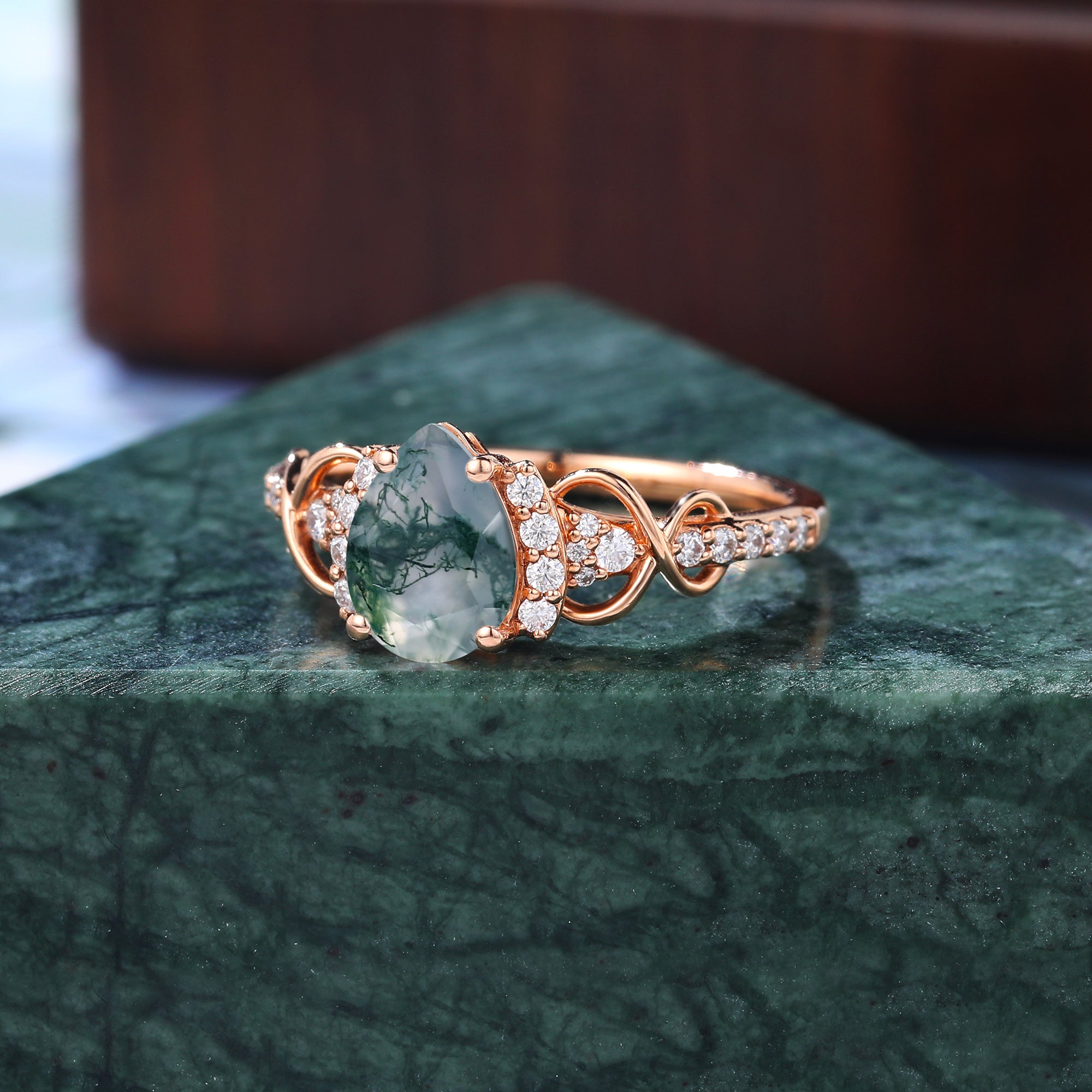 Pear shape Moss agate Rose gold engagement ring S925/10k/14k/18k gold ring, unique bridal ring rose/white gold