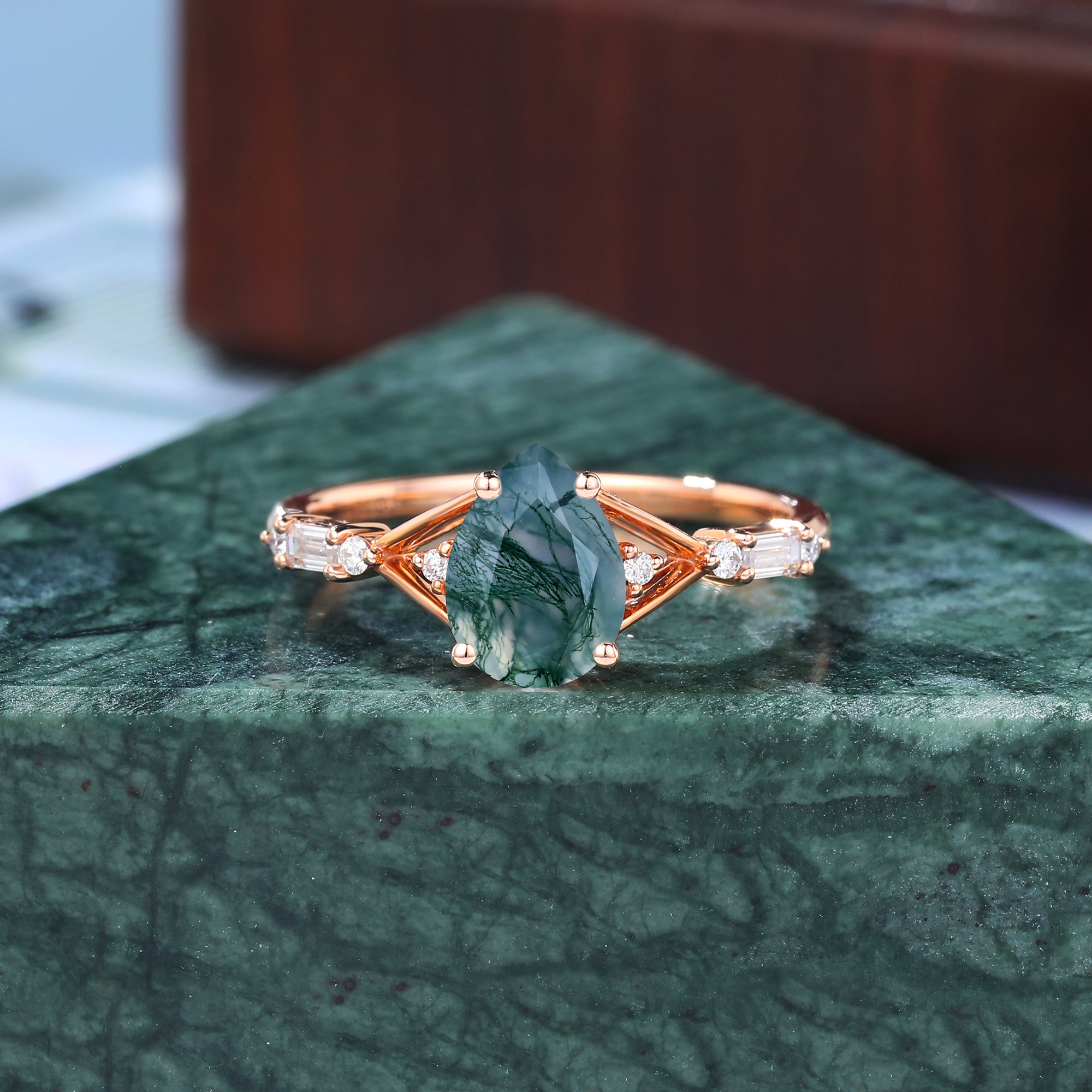 Pear shape Moss agate engagement ring. S925/10k/14k/18k gold , unique bridal ring rose/white/yellow gold