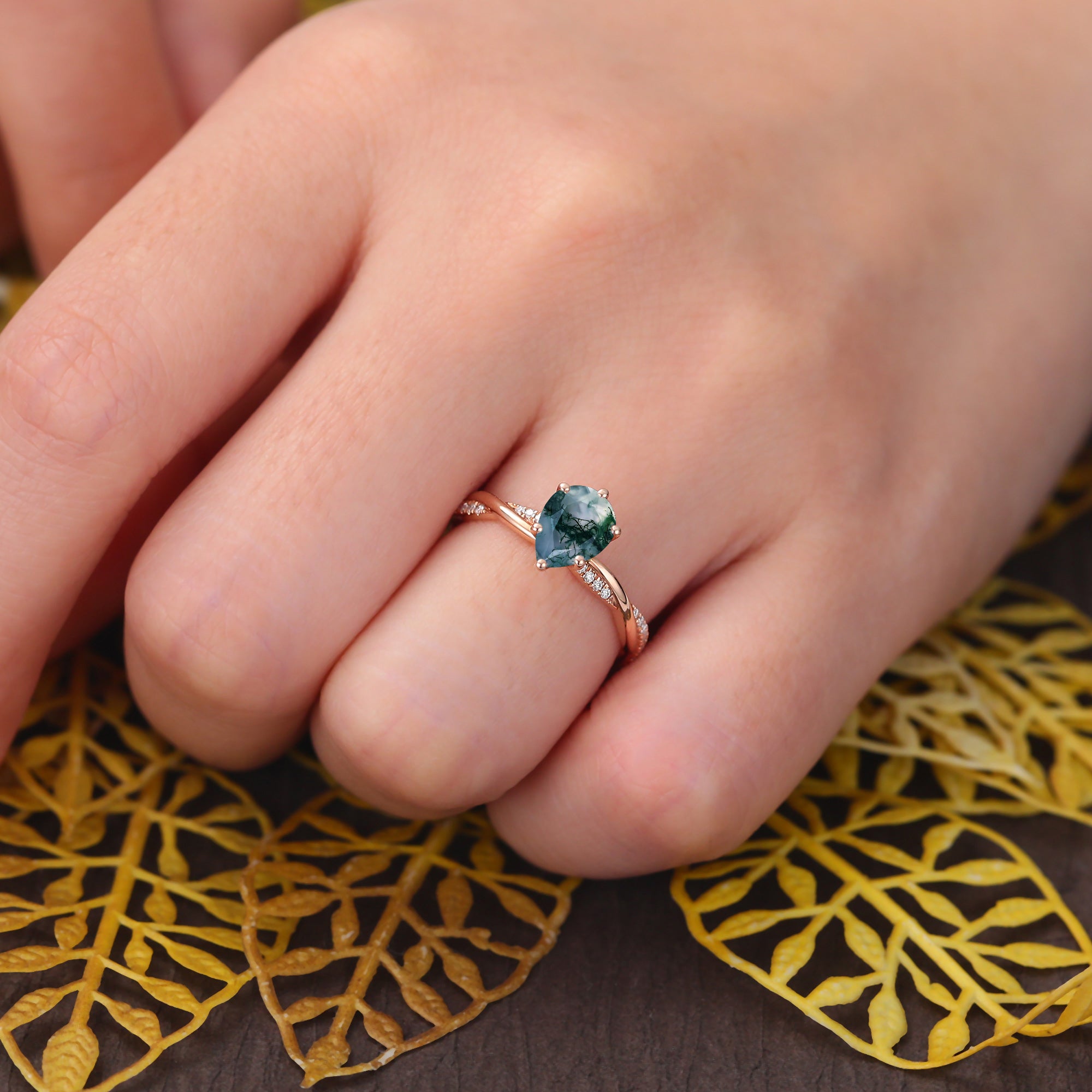 Pear shape Moss agate rose gold engagement ring S925/10k/14k/18k gold