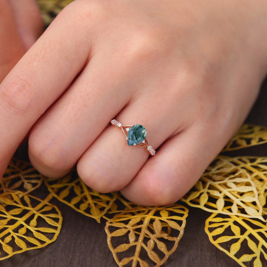 Pear shape Moss agate engagement ring. S925/10k/14k/18k gold , unique bridal ring rose/white/yellow gold