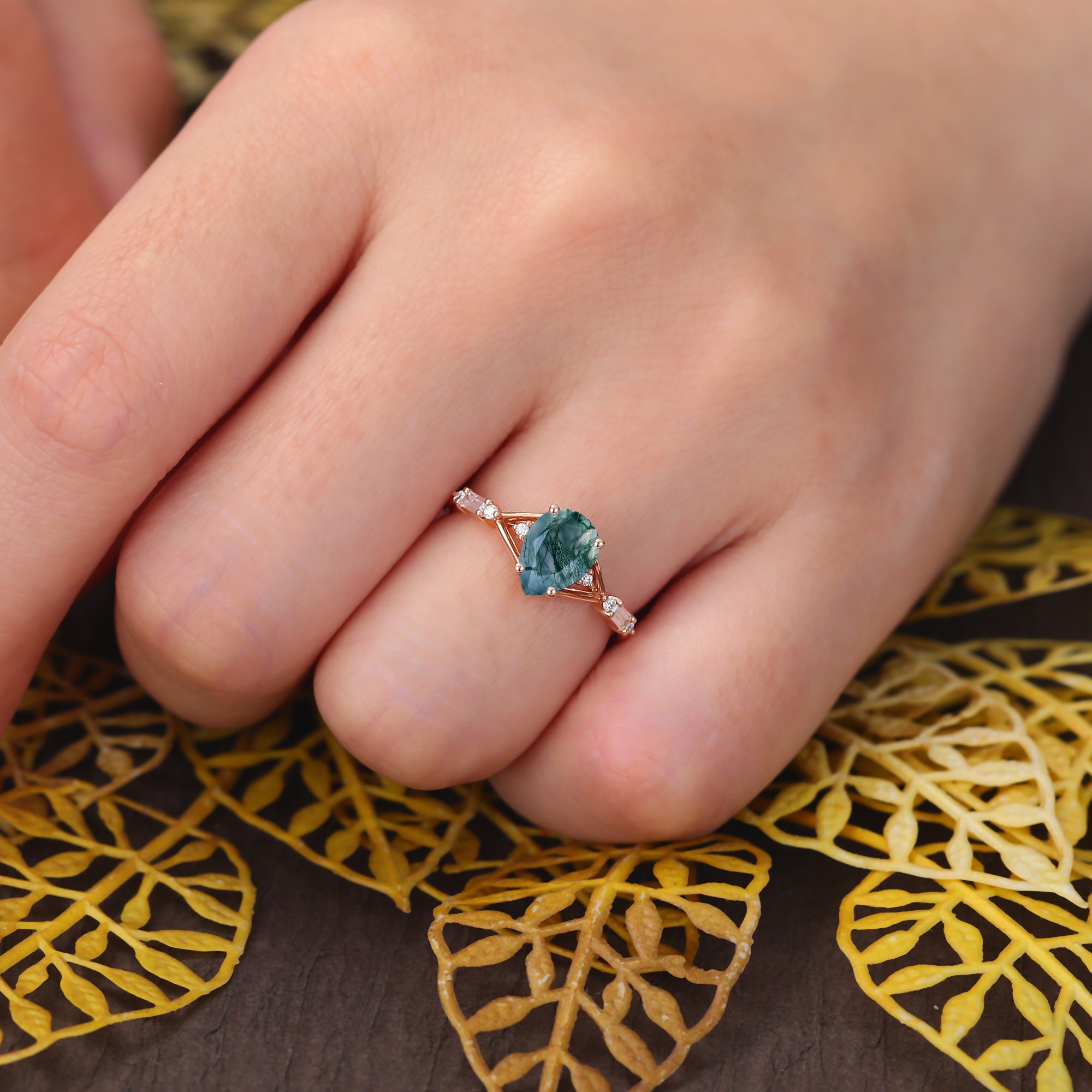 Pear shape Moss agate engagement ring. S925/10k/14k/18k gold , unique bridal ring rose/white/yellow gold