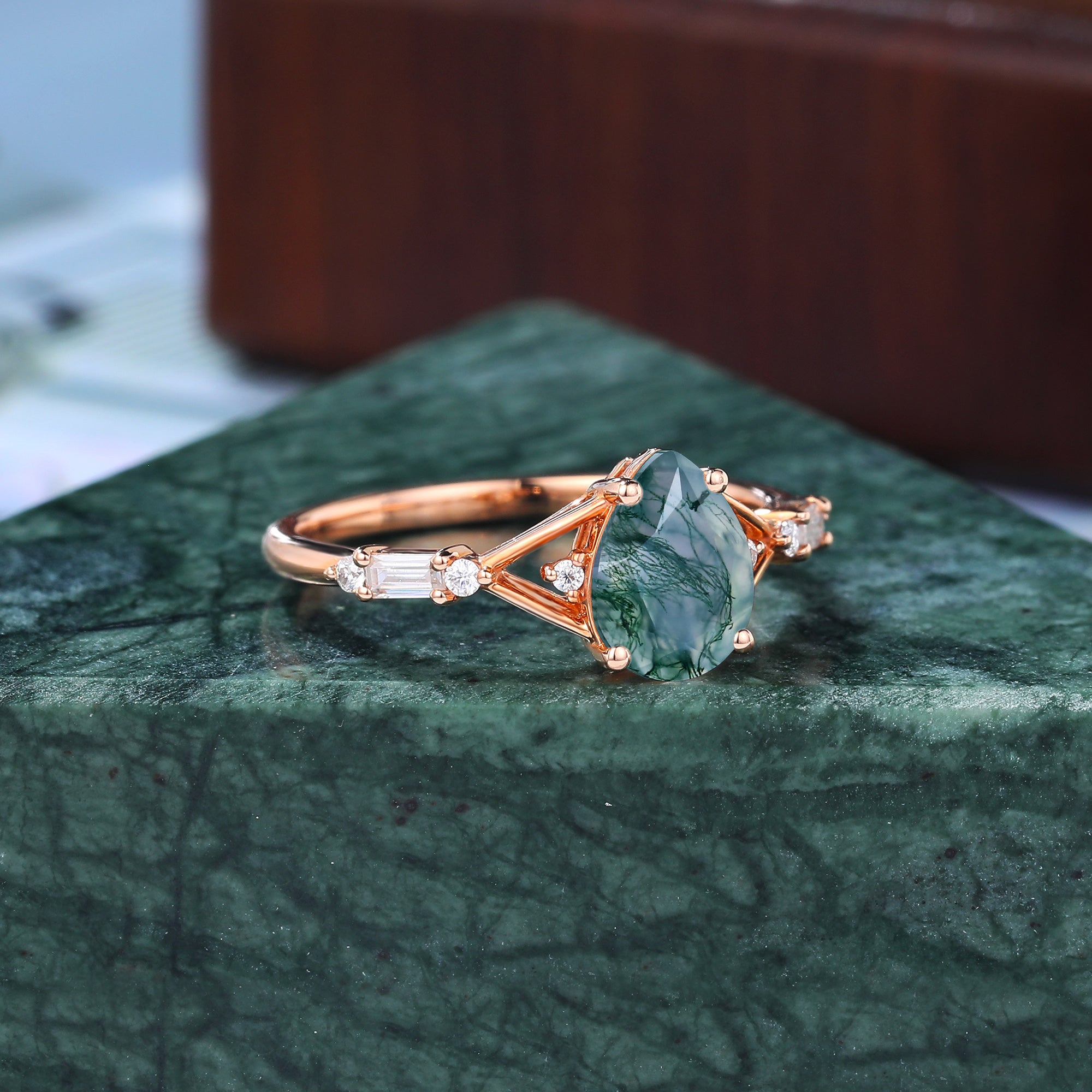 Pear shape Moss agate engagement ring. S925/10k/14k/18k gold , unique bridal ring rose/white/yellow gold