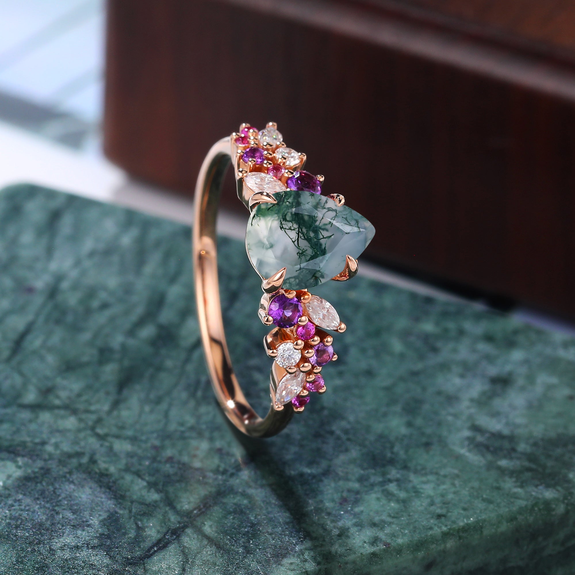 Pear shape Moss agate engagement ring 925silver/10k/14k/18k gold , unique Amethyst pink Sapphire moissanite ring