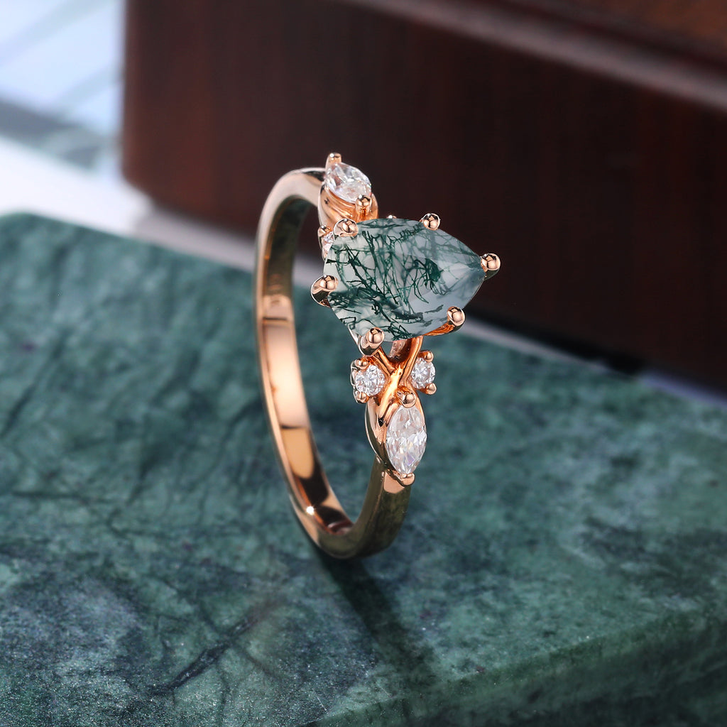 Pear shape Moss agate engagement ring S925/10k/14k/18k gold. unique bridal ring rose/white/yellow gold