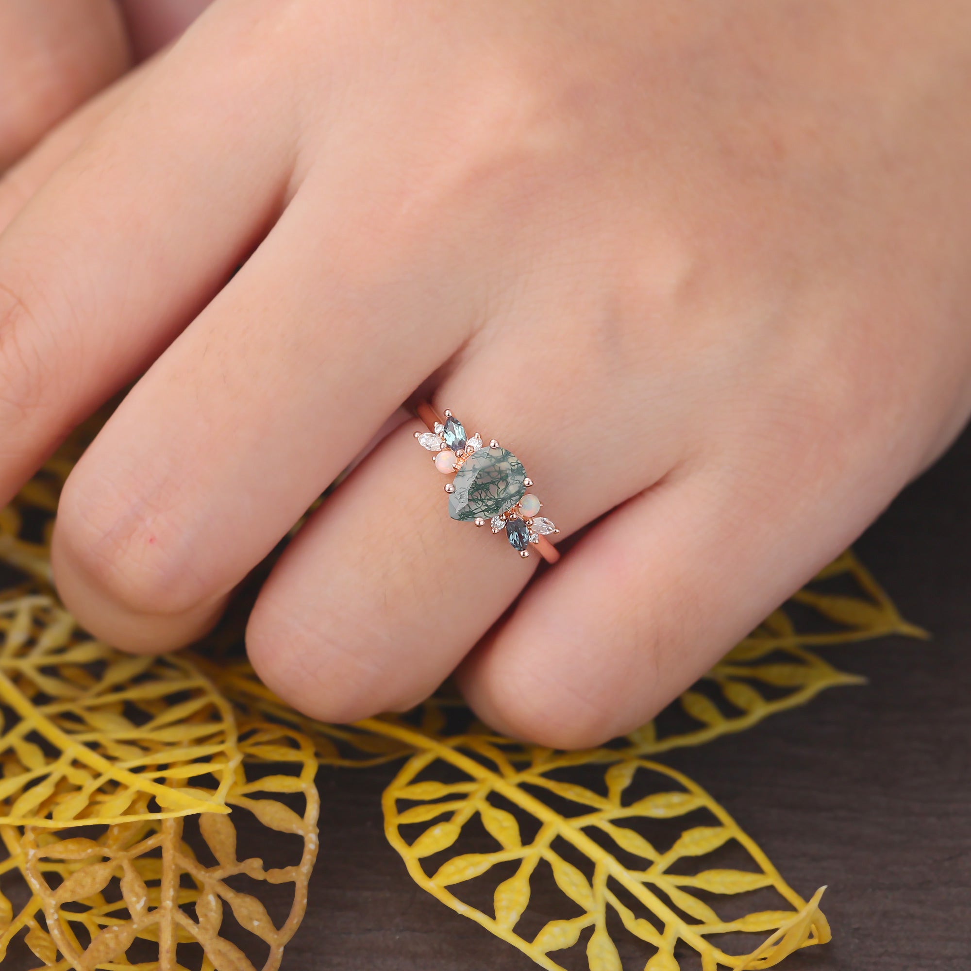 Pear shape Moss Agate engagement ring S925/10k/14k/18k gold , unique Alexandrite  moissanite Opal ring