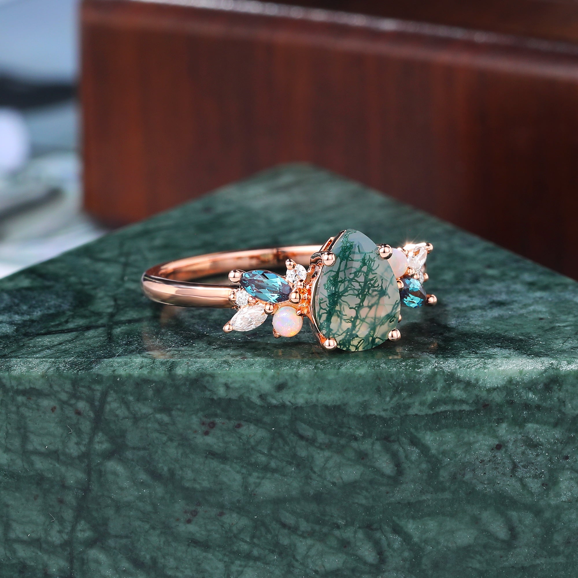 Pear shape Moss Agate engagement ring S925/10k/14k/18k gold , unique Alexandrite  moissanite Opal ring