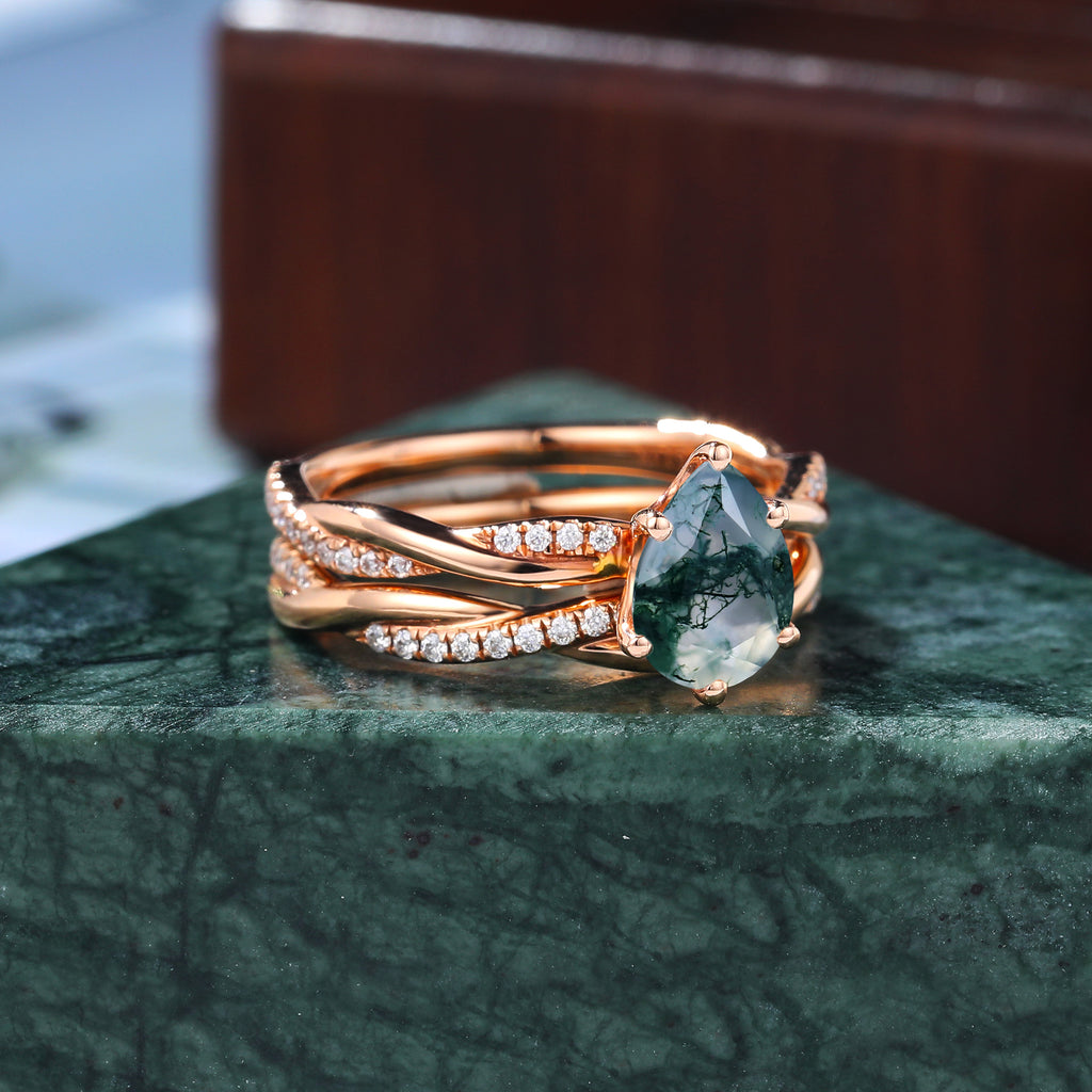 Vintage Pear shape Moss Agate rose gold Engagement Ring Set,   Rose /white/yellow Gold Bridal Wedding band S925/10k/14k/18k