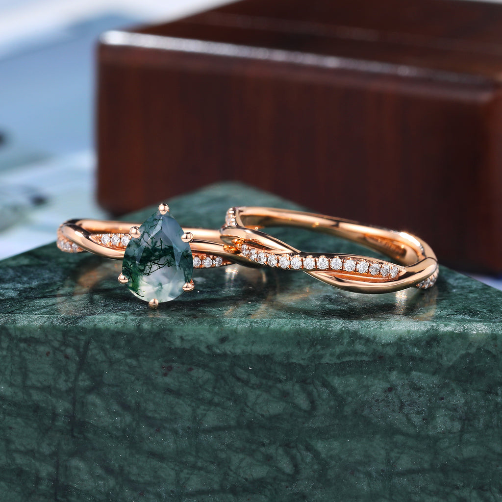 Vintage Pear shape Moss Agate rose gold Engagement Ring Set,   Rose /white/yellow Gold Bridal Wedding band S925/10k/14k/18k