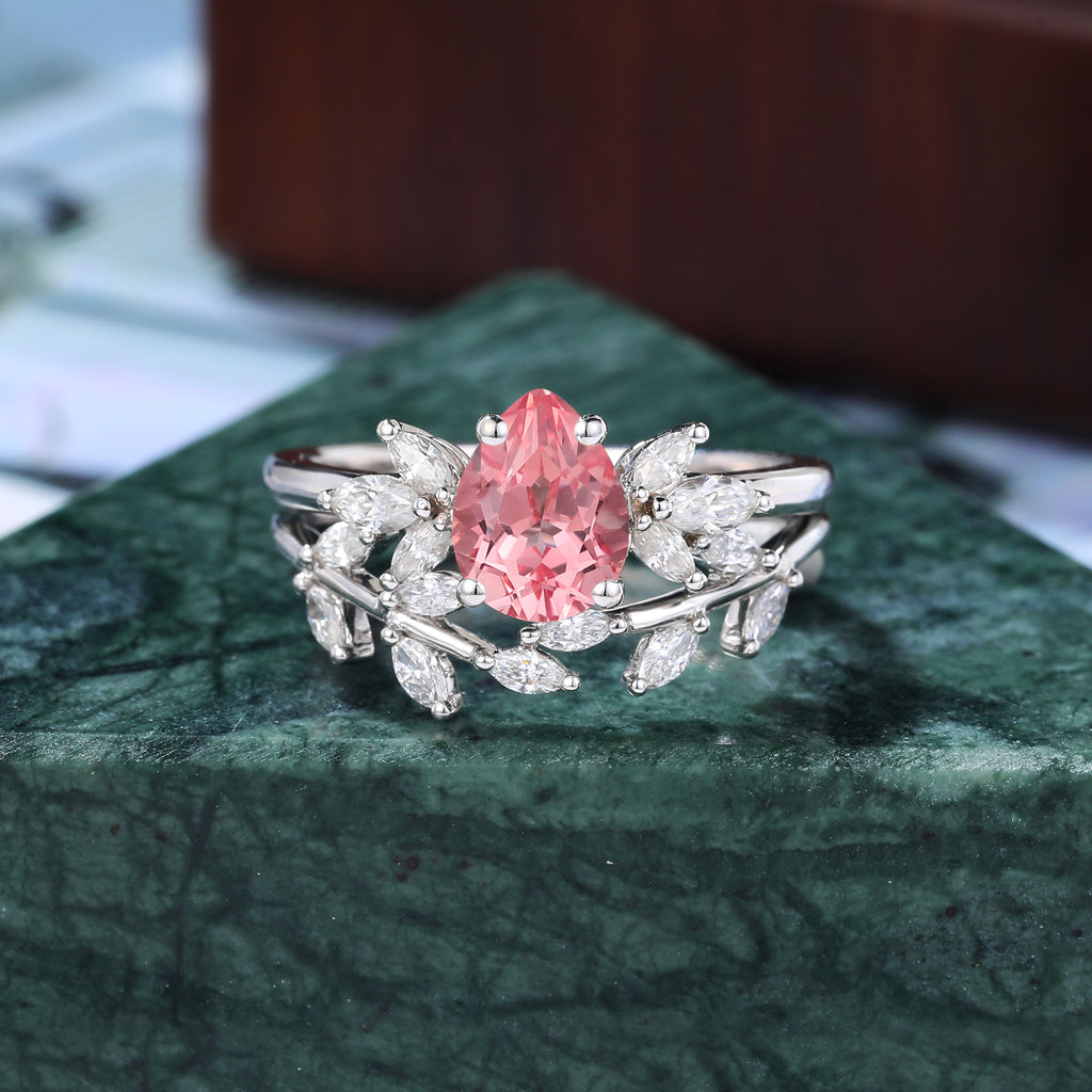 Vintage Pear shape Lab Pink Sapphire Engagement Ring Set