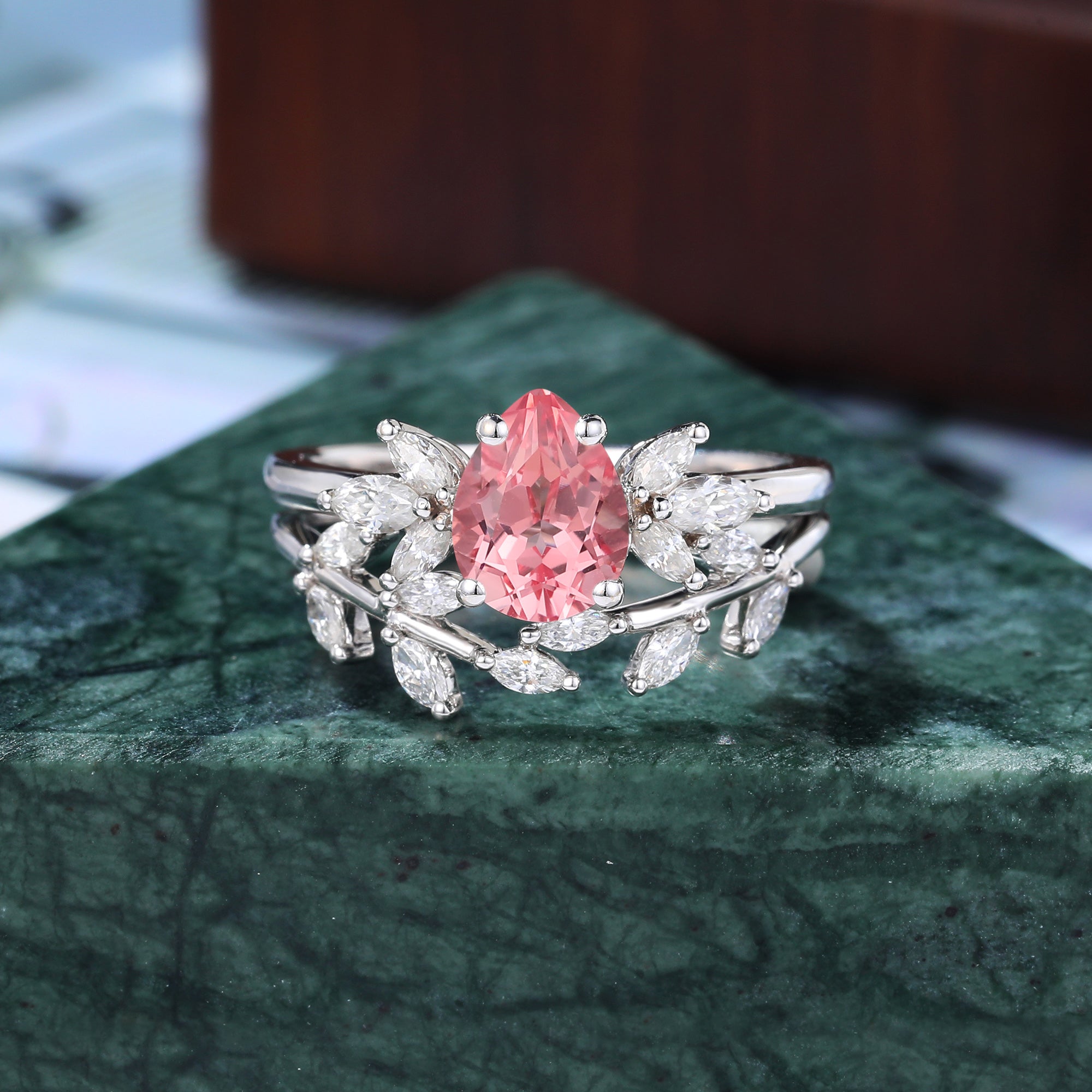 Vintage Pear shape Lab Pink Sapphire Engagement Ring Set