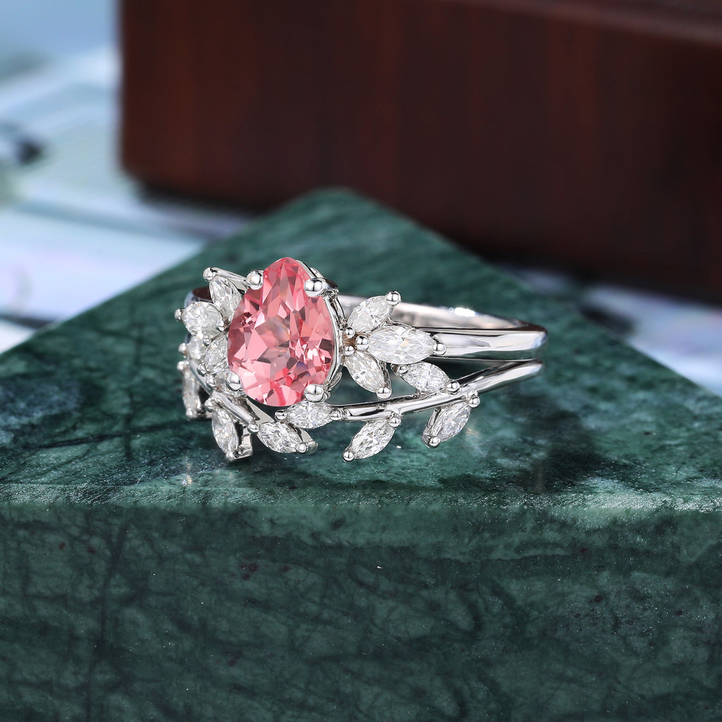 Vintage Pear shape Lab Pink Sapphire Engagement Ring Set