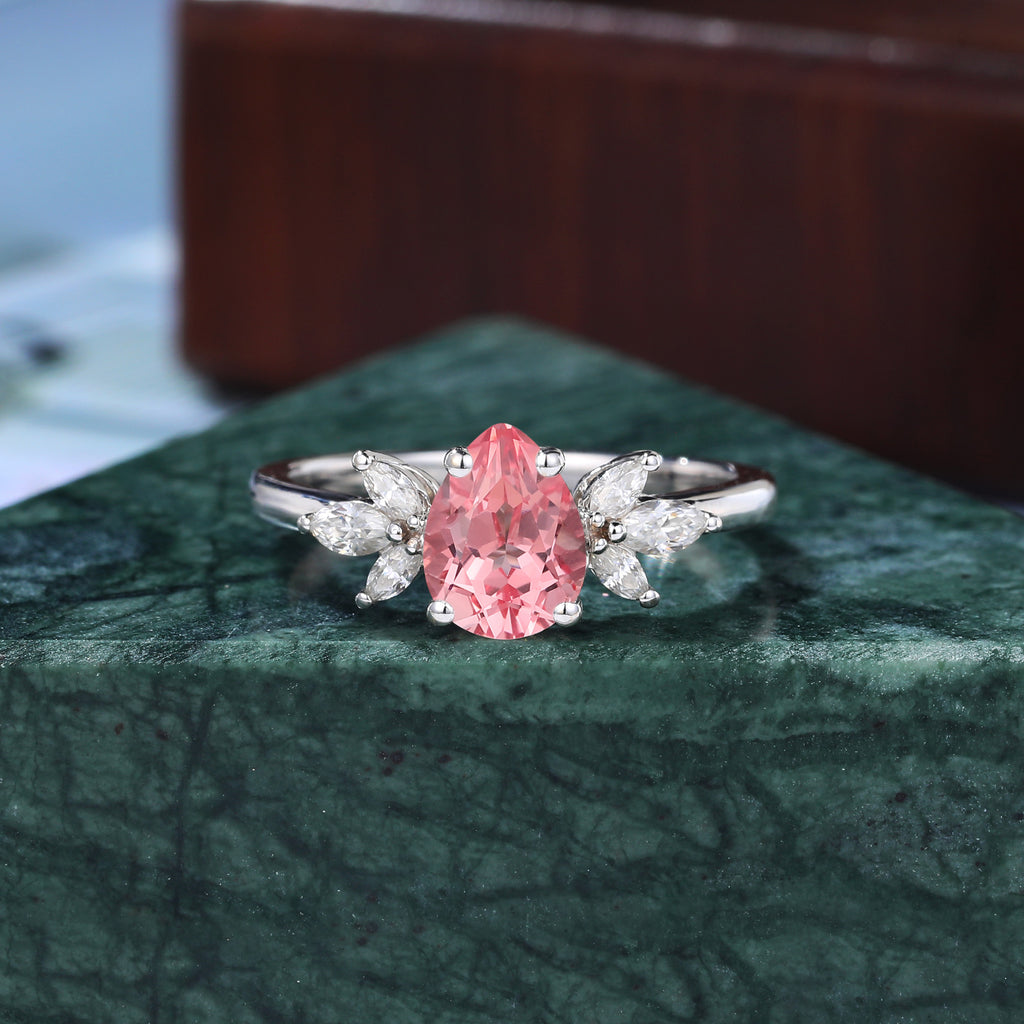 Pear shape Lab Pink Sapphire white gold engagement ring