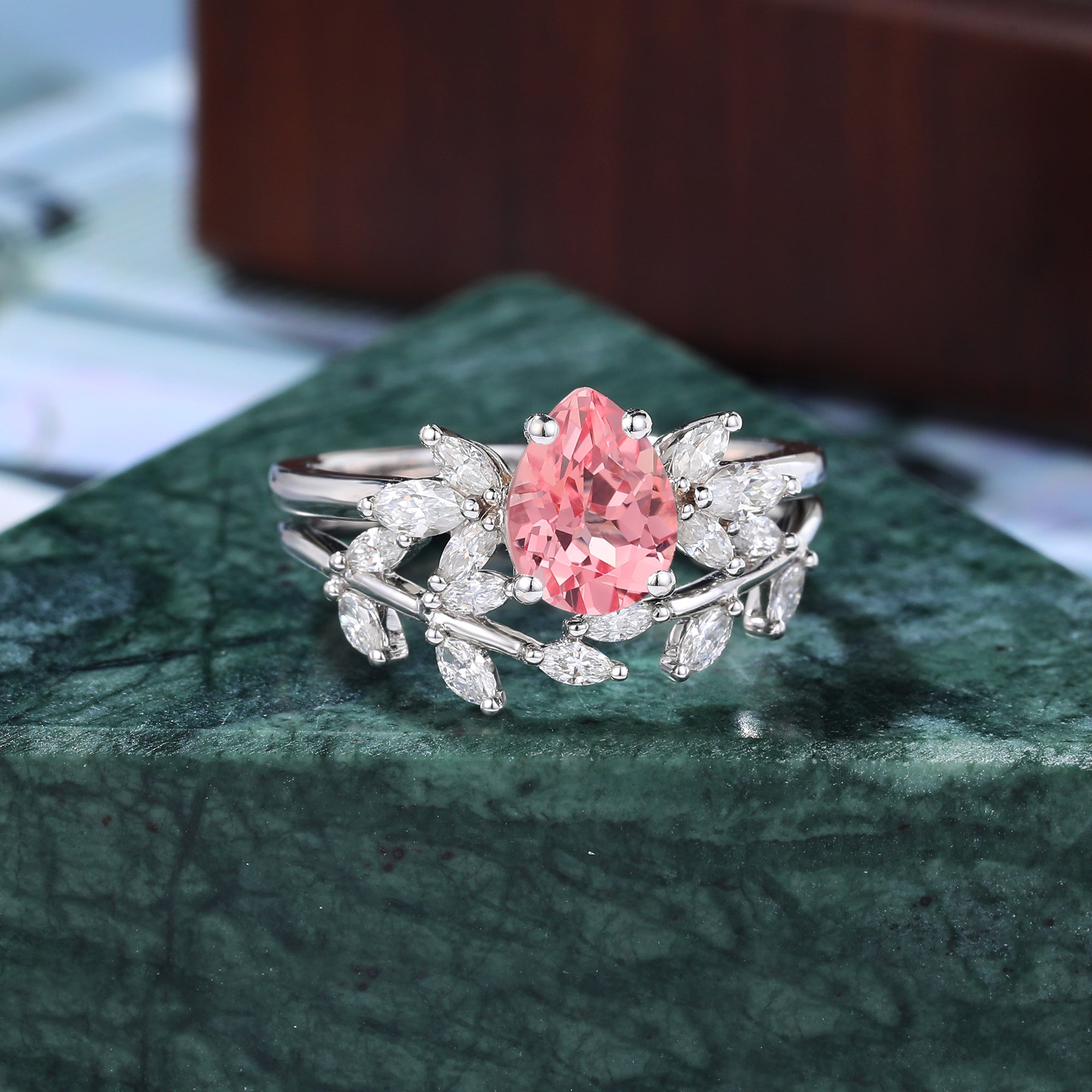 Vintage Pear shape Lab Pink Sapphire Engagement Ring Set