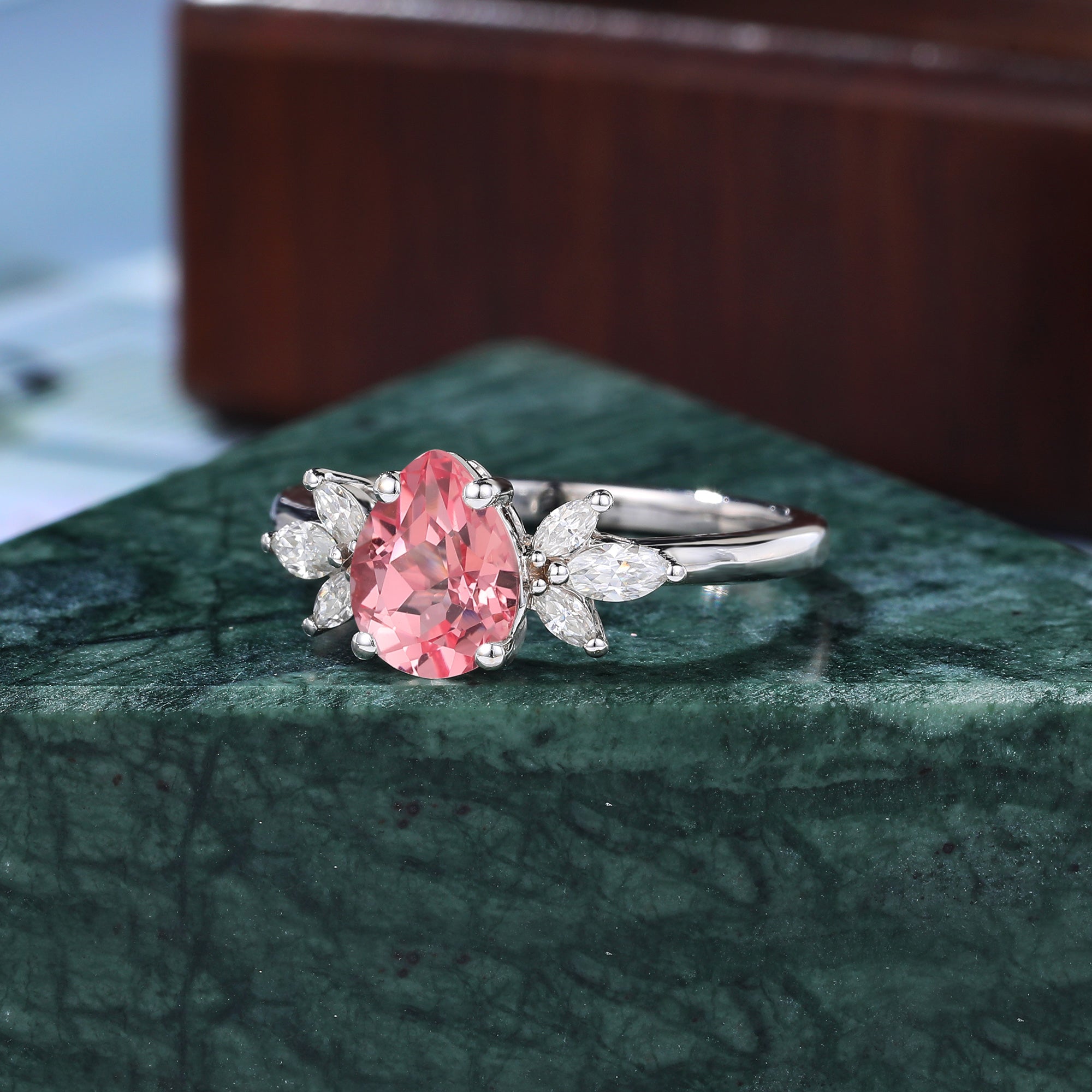 Pear shape Lab Pink Sapphire white gold engagement ring