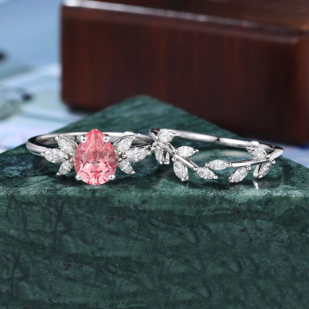 Vintage Pear shape Lab Pink Sapphire Engagement Ring Set