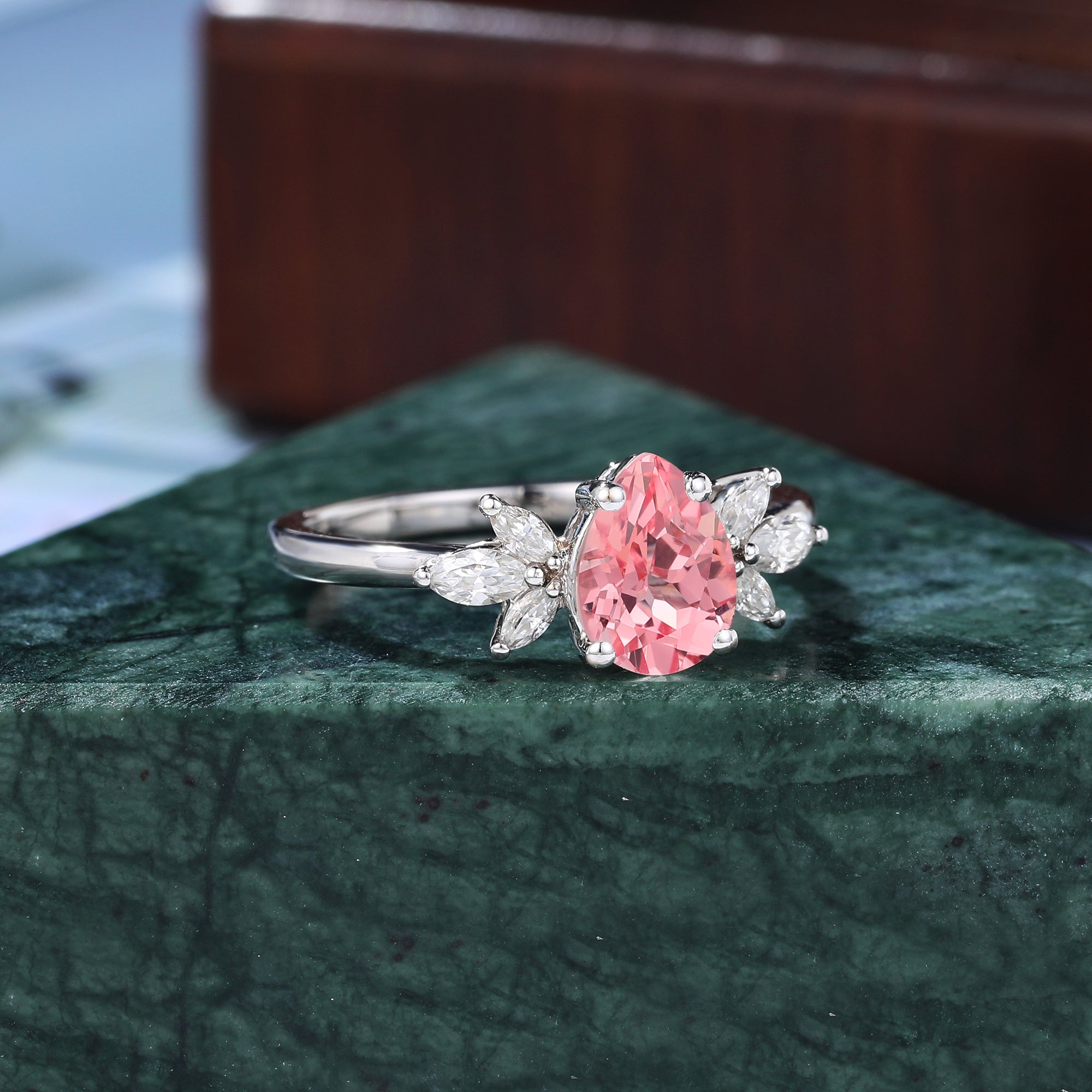 Pear shape Lab Pink Sapphire white gold engagement ring