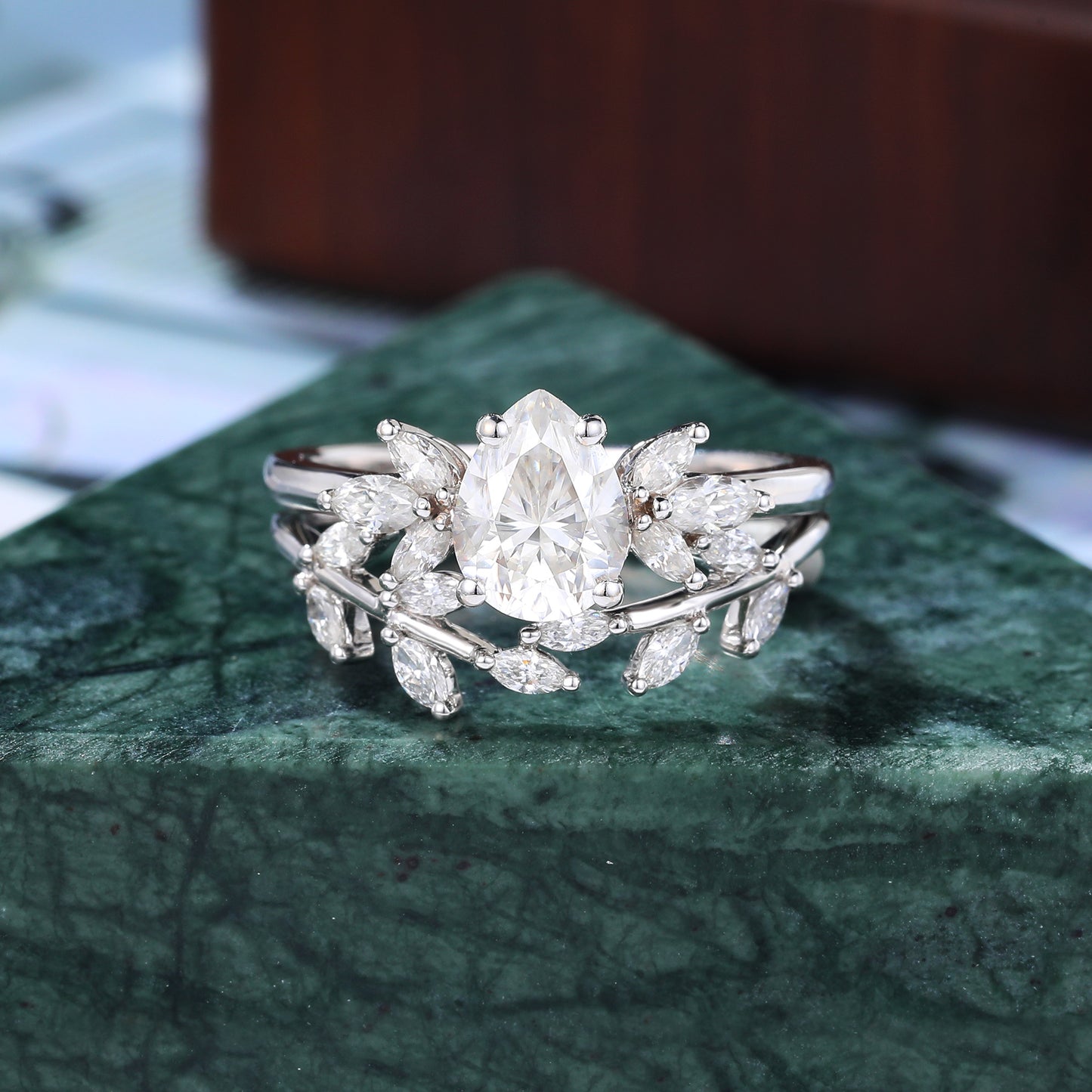 Vintage Pear shape Moissanite Engagement Ring Set, Rose/white/yellow Gold Bridal Wedding band.S925/10k/14k/18k