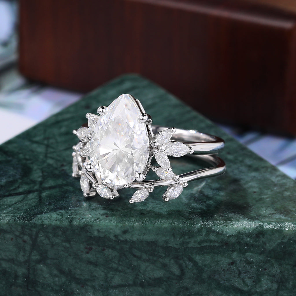 Vintage Moissanite Engagement Ring Set, 3.2ct Pear shape Lab grown Diamond Cluster Rose/white/yellow Gold Bridal Wedding band