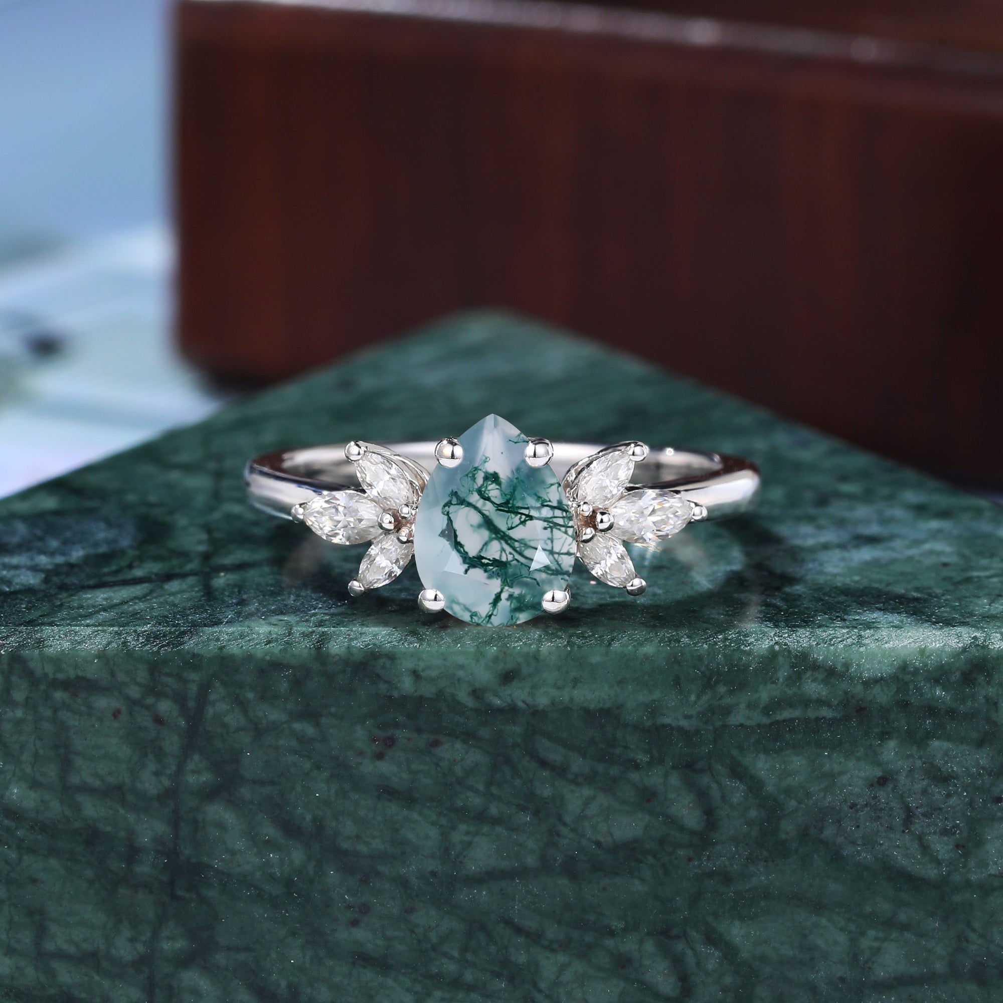 Pear shape Moss agate engagement ring 925silver/10k/14k/18k gold, unique moissanite ring