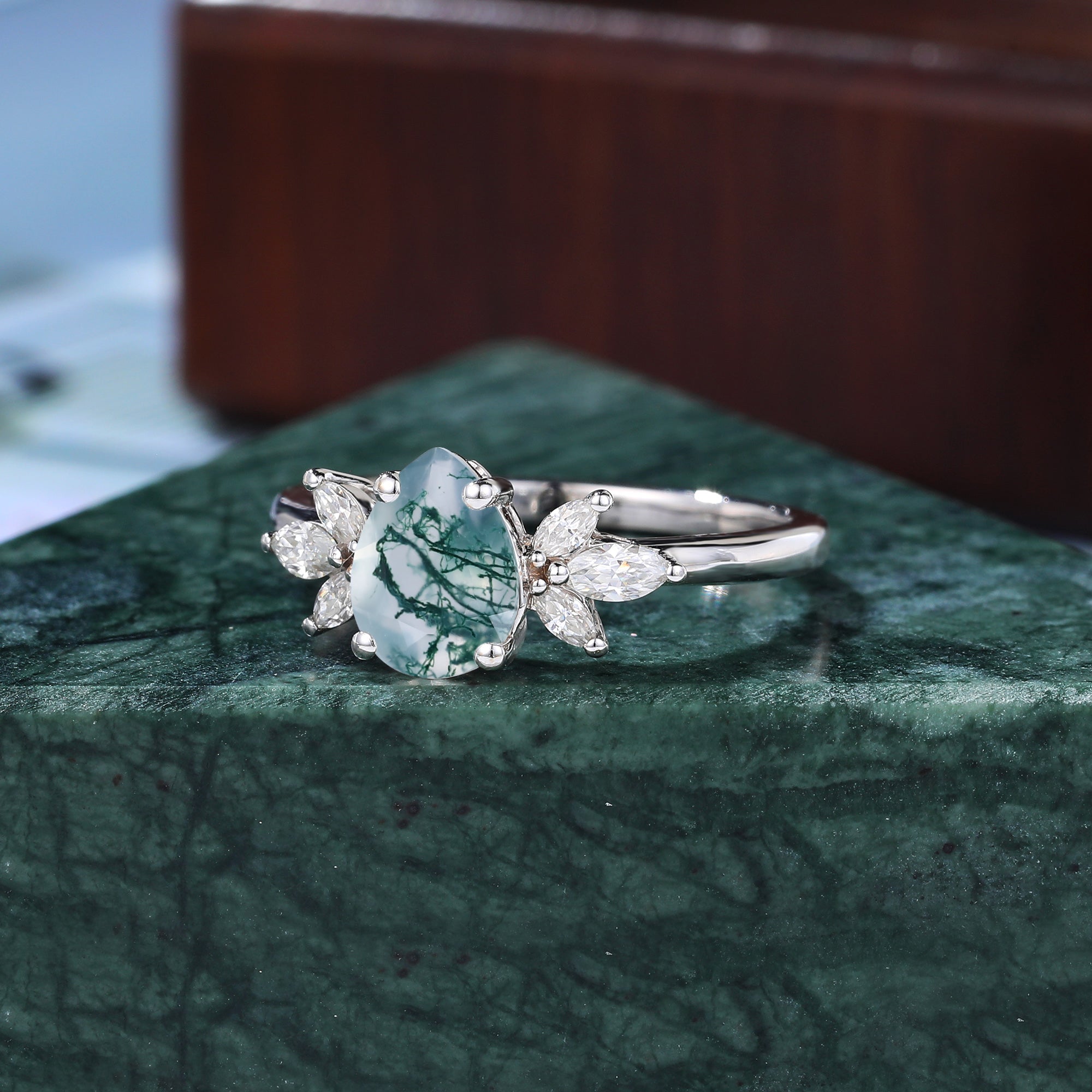 Pear shape Moss agate engagement ring 925silver/10k/14k/18k gold, unique moissanite ring