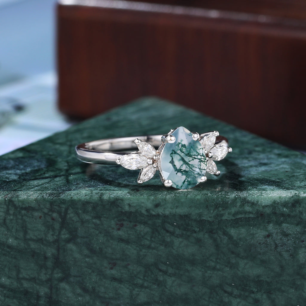 Pear shape Moss agate engagement ring 925silver/10k/14k/18k gold, unique moissanite ring