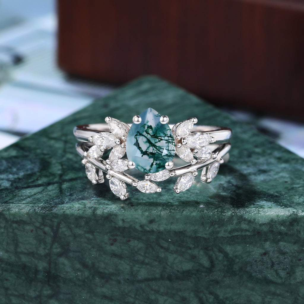 Vintage Pear shape Moss Agate Engagement Ring Set,  Rose/white/yellow Gold Bridal Wedding band S925/10k/14k/18k