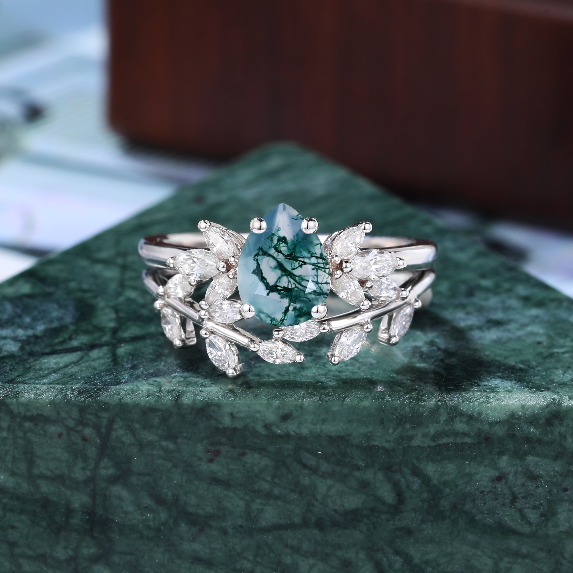 Vintage Pear shape Moss Agate Engagement Ring Set,  Rose/white/yellow Gold Bridal Wedding band S925/10k/14k/18k