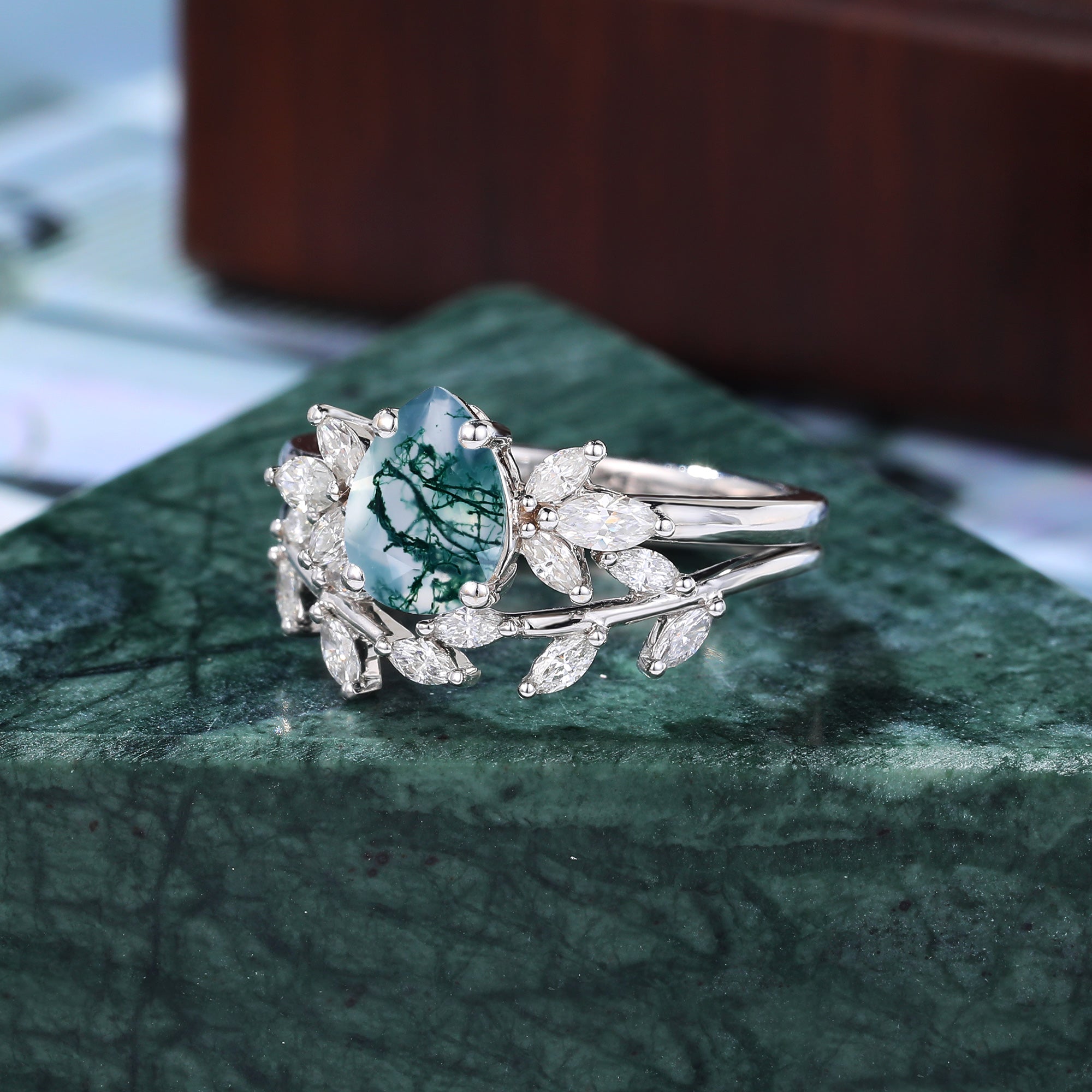 Vintage Pear shape Moss Agate Engagement Ring Set,  Rose/white/yellow Gold Bridal Wedding band S925/10k/14k/18k