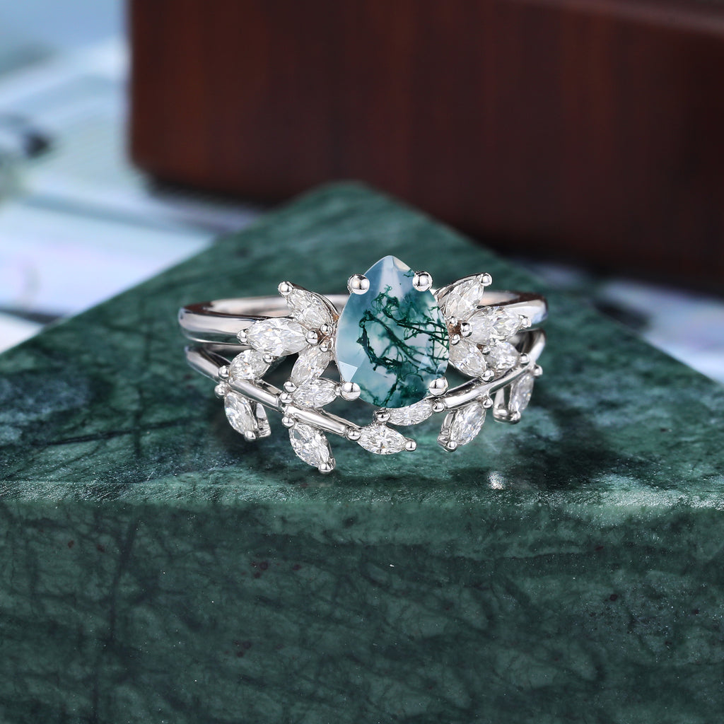 Vintage Pear shape Moss Agate Engagement Ring Set,  Rose/white/yellow Gold Bridal Wedding band S925/10k/14k/18k