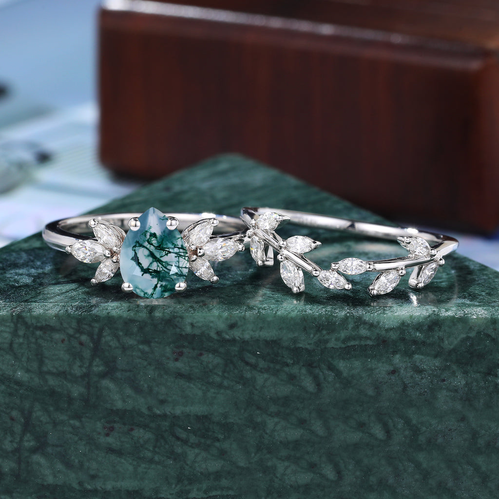 Vintage Pear shape Moss Agate Engagement Ring Set,  Rose/white/yellow Gold Bridal Wedding band S925/10k/14k/18k