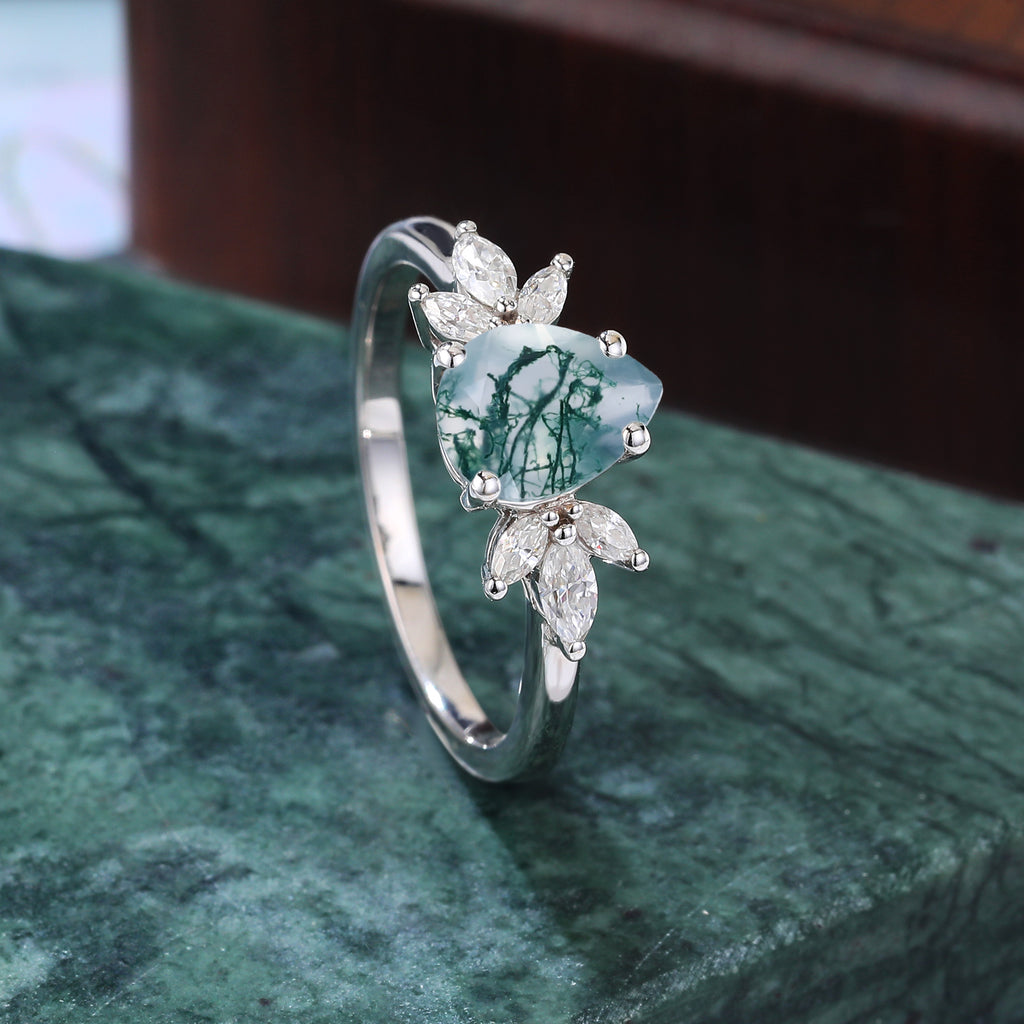 Pear shape Moss agate engagement ring 925silver/10k/14k/18k gold, unique moissanite ring