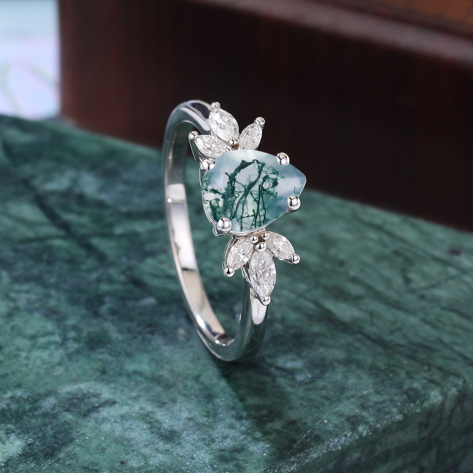 Pear shape Moss agate engagement ring 925silver/10k/14k/18k gold, unique moissanite ring