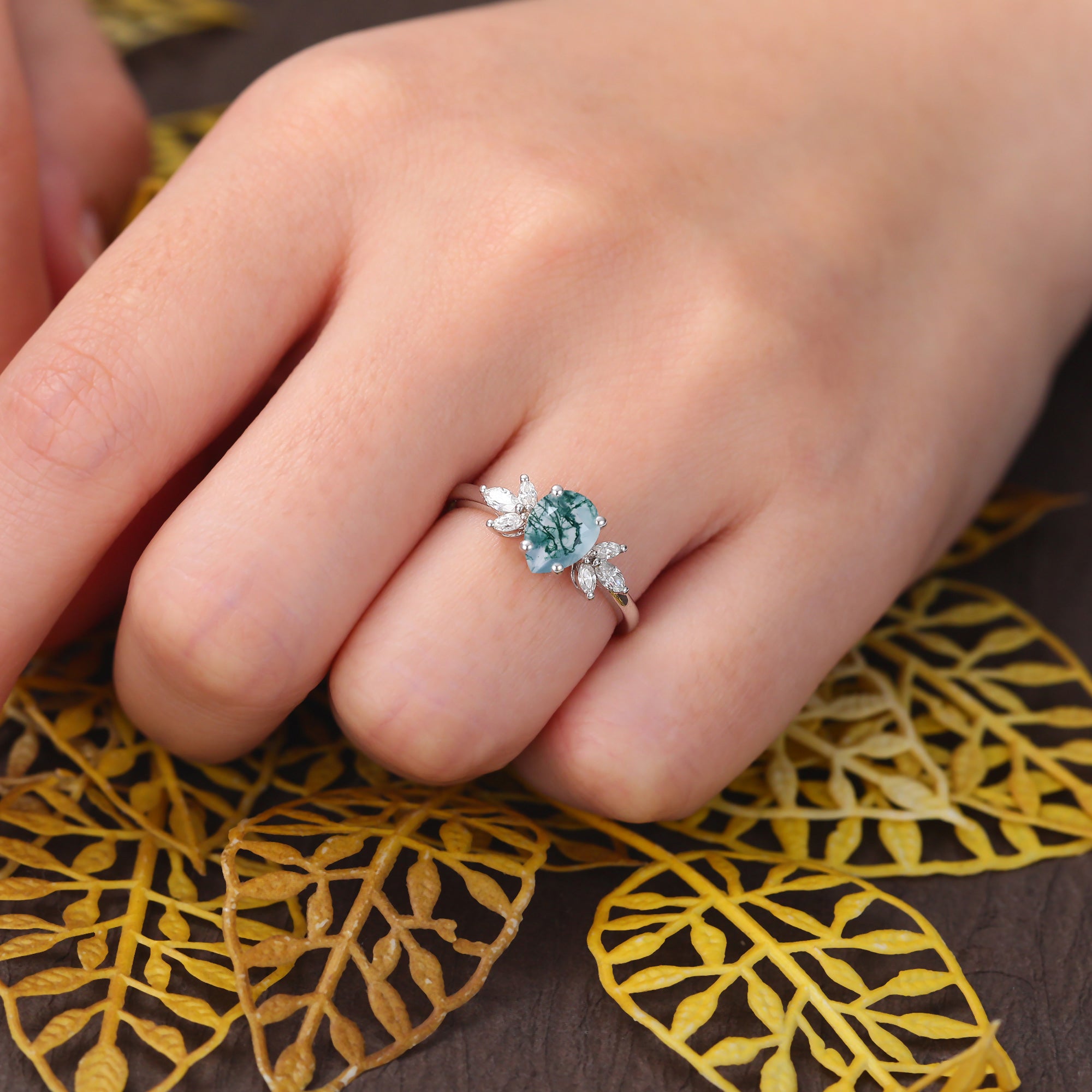 Pear shape Moss agate engagement ring 925silver/10k/14k/18k gold, unique moissanite ring